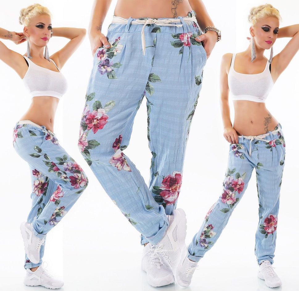 ITALY Damen Hose Blumen Boho Landhaus Leinen Look Gürtel 34-38
