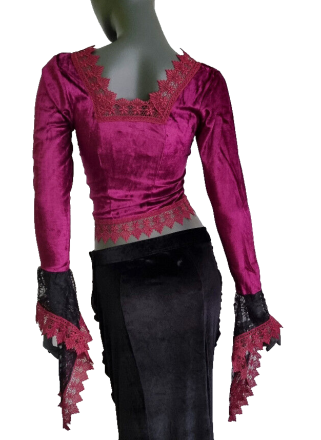 Samtbluse Schnürung Spitze Gothic Victorian Barock Zipfelärmel Gr.34/36