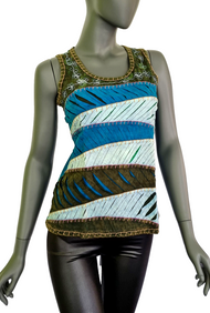 Razor Cut Damen Top Ethno Nepal Flower Hippie Boho Vintage grün Gr.34-38