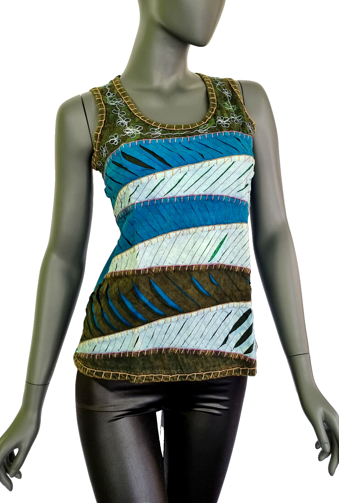 Razor Cut Damen Top Ethno Nepal Flower Hippie Boho Vintage grün Gr.34-38