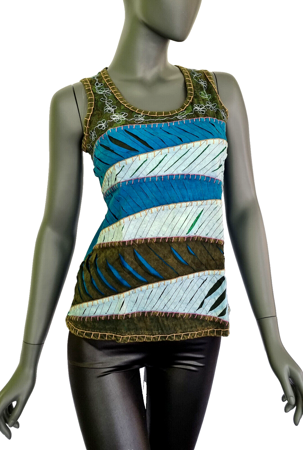 Razor Cut Damen Top Ethno Nepal Flower Hippie Boho Vintage grün Gr.34-38