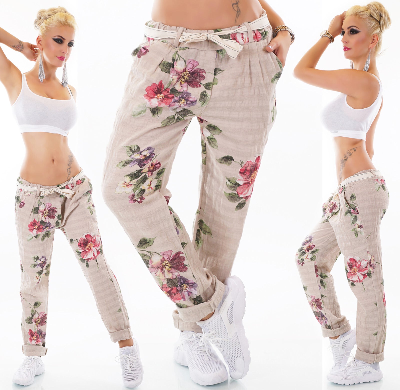 ITALY Damen Hose Blumen Boho Landhaus Leinen Look altrosa Gürtel 34-38