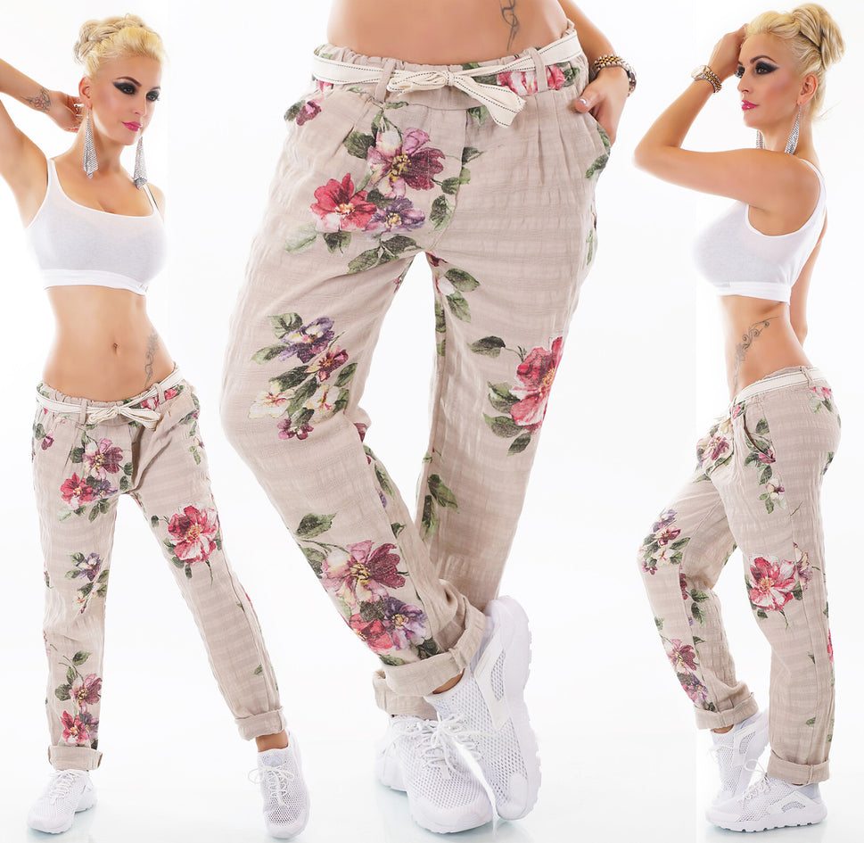 ITALY Damen Hose Blumen Boho Landhaus Leinen Look altrosa Gürtel 34-38