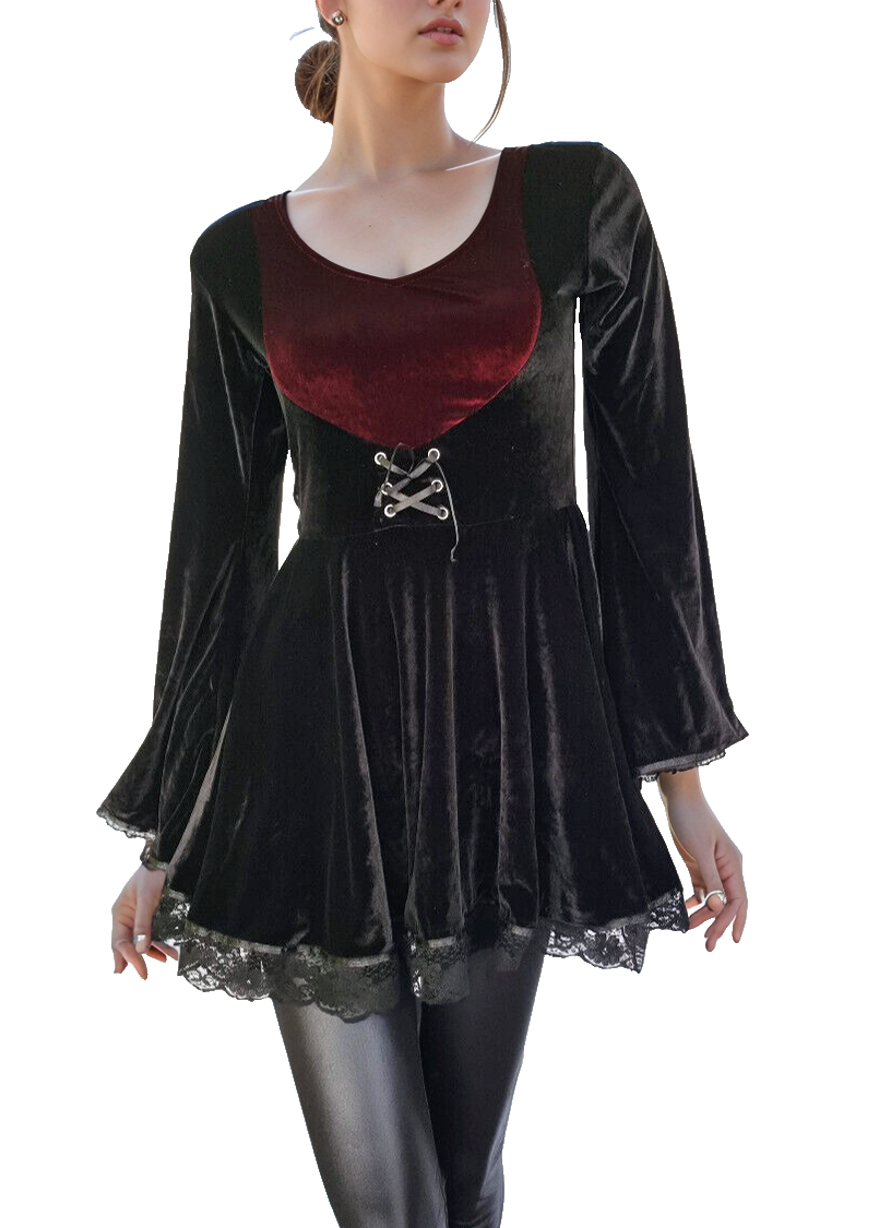 SamtTunika Gothic Minikleid Witch Medieval schwarz bordeaux Gr.34-38