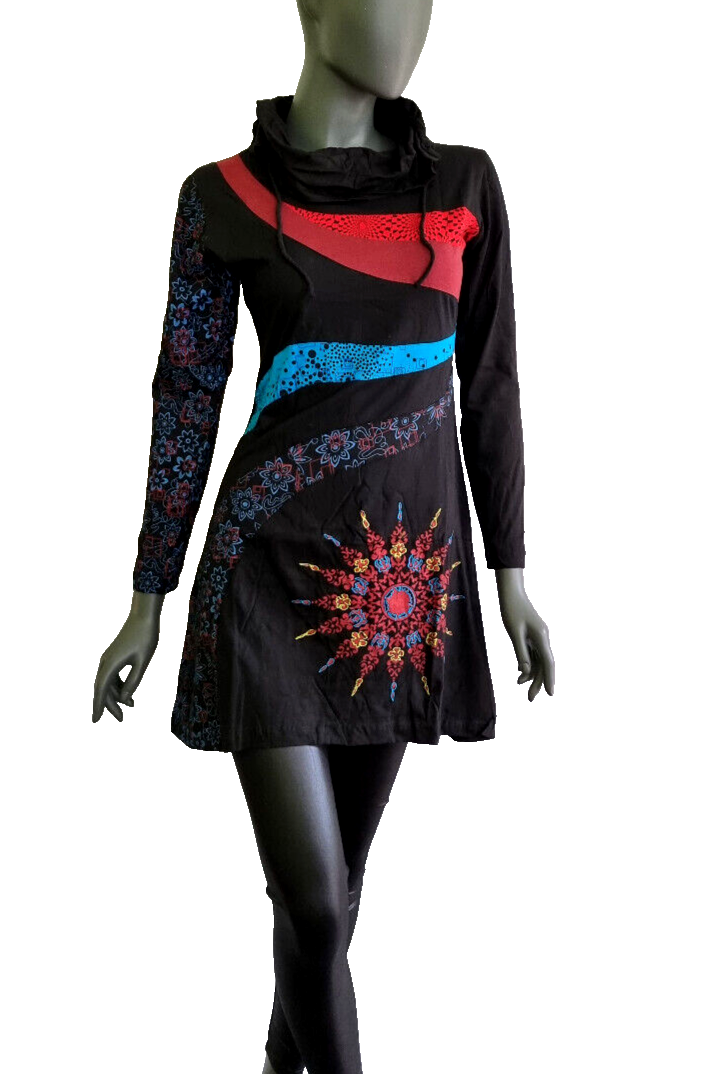 Longsleeve Kleid Nepal Patchwork Ethno Hippie Boho rot Gr. 38