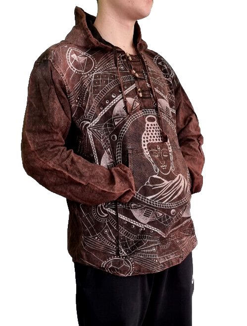 Buddha Herren Hemd-Shirt Nepal Ethno Hoodie Nepal Knebelverschluss Gr. L/XL
