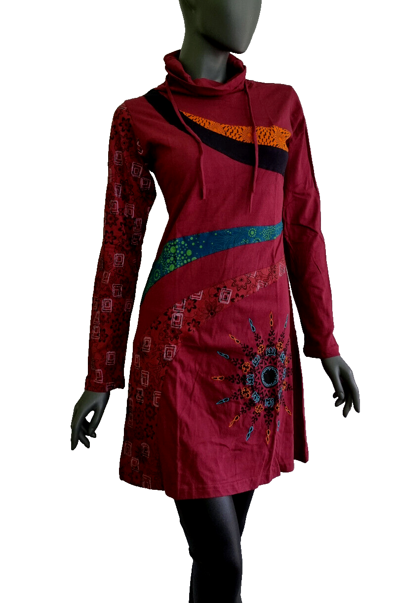 Longsleeve Kleid Nepal Patchwork Ethno Hippie Boho rot Gr. 38