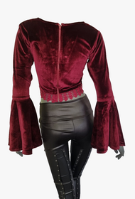 SamtBluse Gothic Larp dark Witch Medieval Spitze bordeaux Glockenärmel 36-40