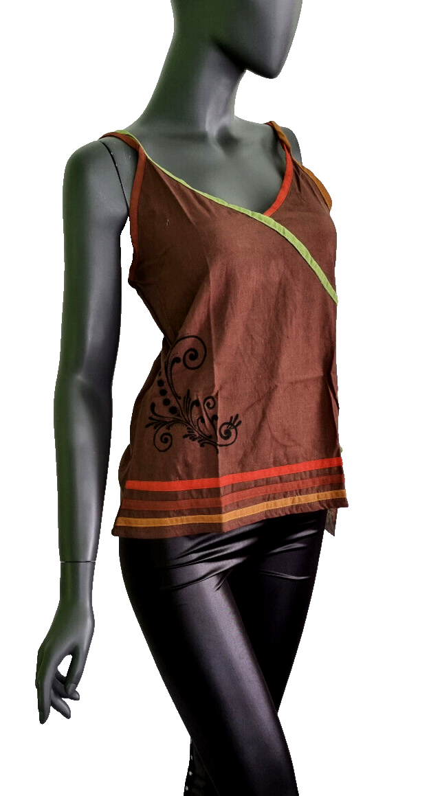 Damen Top Ethno Nepal Flower Hippie Boho bunte Träger Vintage oliv Gr.38