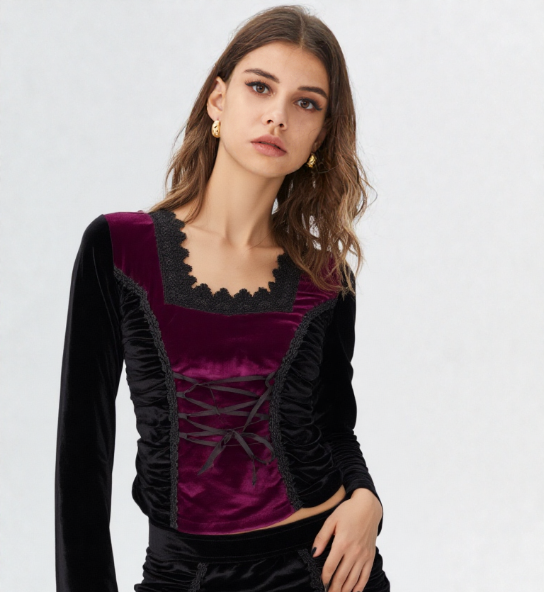 Bäres Samtshirt langarm Corsagenlook Raffung Gothic Viktorian Gr.38-40