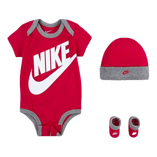 NIKE DREITEILIGES BABY SET GR. 56/62 / 0-6 Monate BODY MÜTZE SCHÜHCHEN rot grau