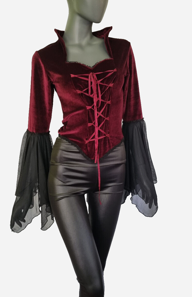 SamtBluse  Gothic Larp dark Witch Medieval Mieder Vampir Stehkragen Gr.34-38