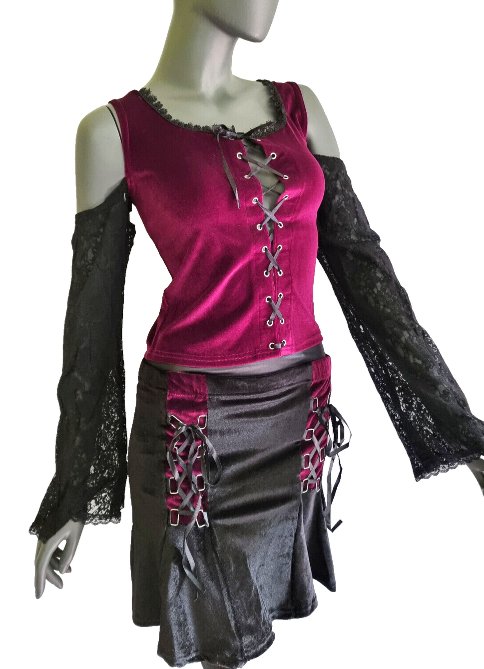 Samtshirt Schnürung Spitzenärmel off shoulder Gothic schwarz Gr. 38-42