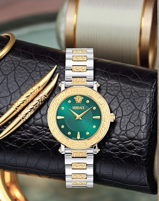 Versace Greca Sphere Quartz Uhr, PVD Gold, Grün, 35 mm, Saphir-Glas VE9C00424