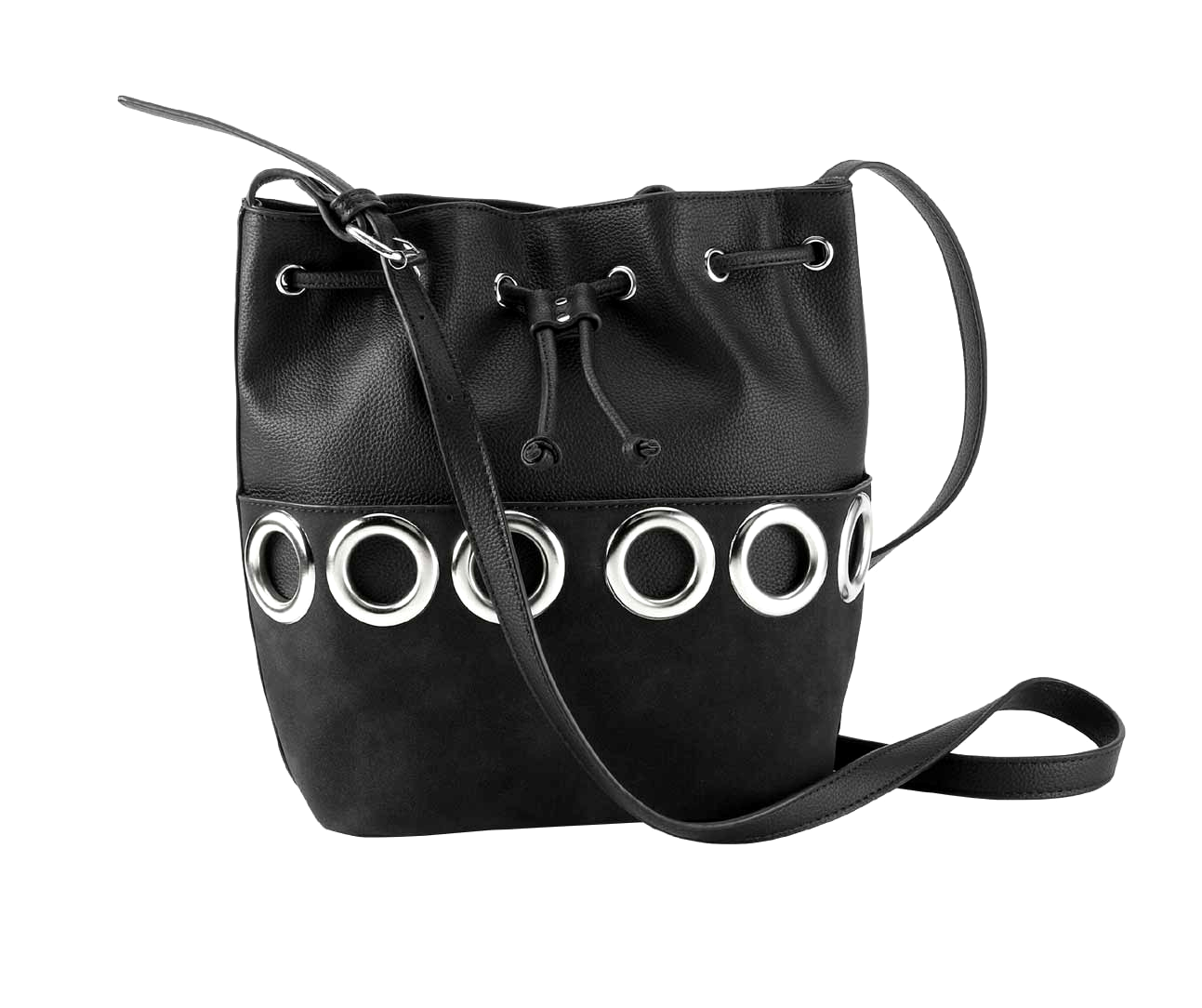 Beuteltasche m. Metall-Ösen, schwarz silber Lederlook