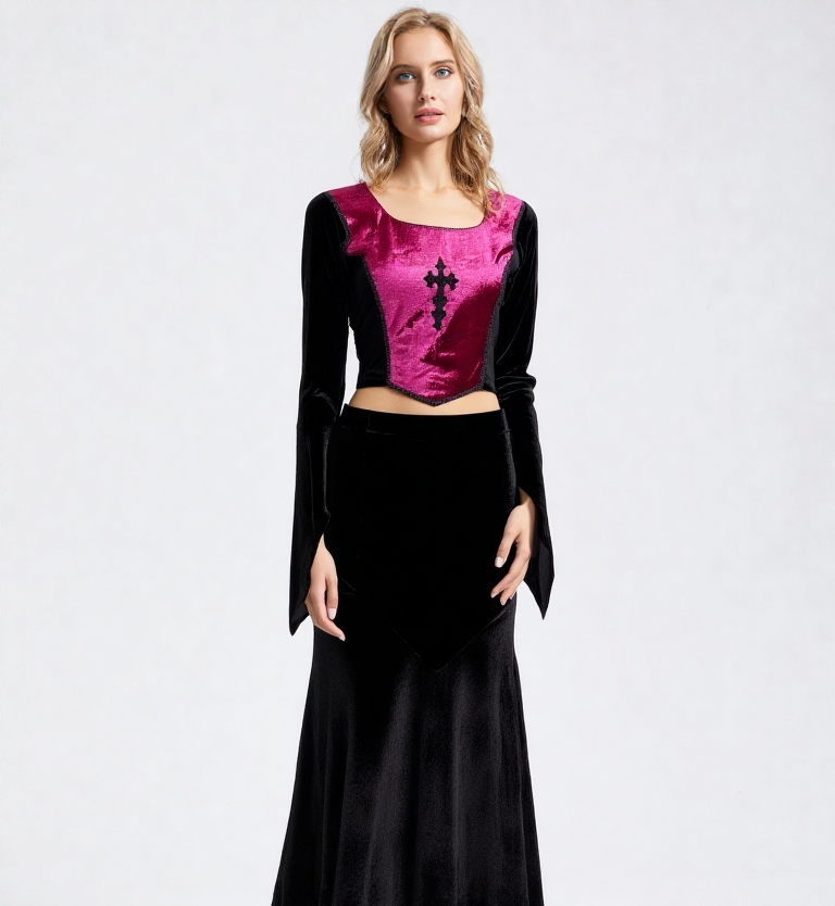 Bäres Corsagen-Top Gothic Cross Samt Stulpenärmel schwarz-bordeaux Gr.36/38