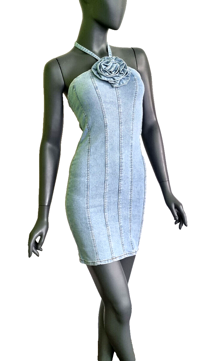 Laulia Paris Jeanskleid Neckholder mit Blüte Gr.XS-XL