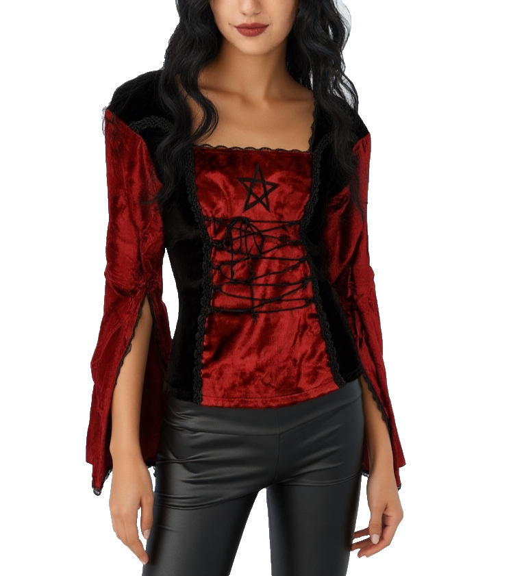 Gothic Samt-Bluse bordeaux Pentagramm Witch Dark role-playing Gr.34-38