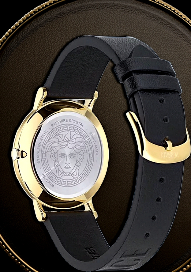 Versace Herren Uhr Greca Slim Gold Schwarz Leder VE8Q00224