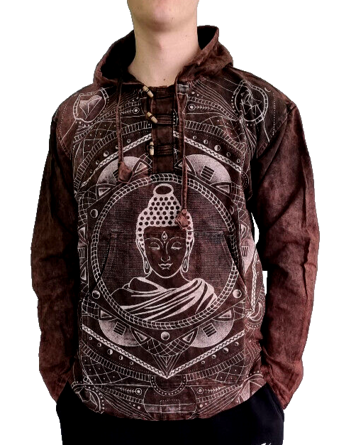 Buddha Herren Hemd-Shirt Nepal Ethno Hoodie Nepal Knebelverschluss Gr. L/XL