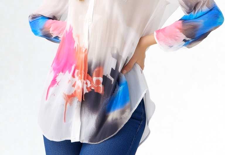 Missy Bluse Peanuts Print Nieten color batik halbtransparent Gr.S,M,L,XL