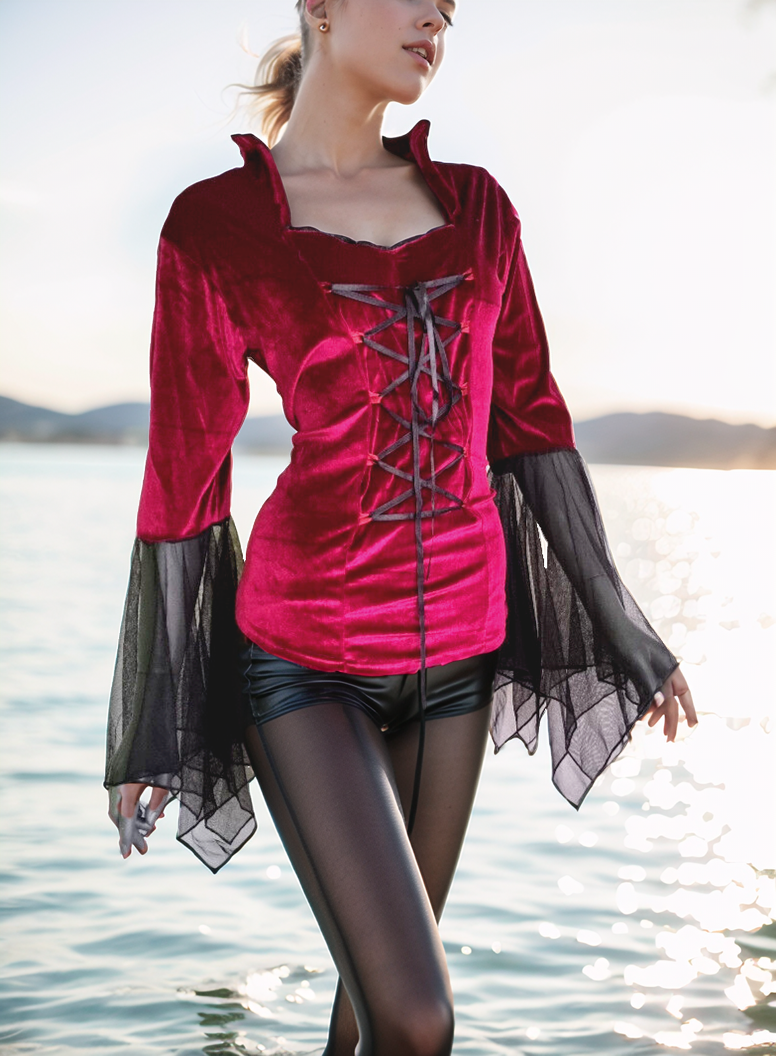 SamtBluse Gothic Larp dark Witch Medieval Mieder Stehkragen Gr.42/44