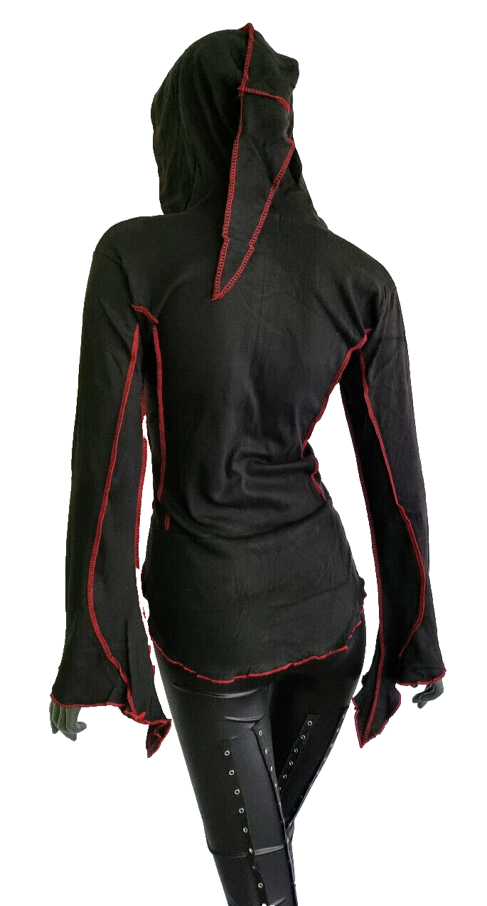 Gugel  Shirtjacke Zipfel  Goa Ethno Medieval Hippie Gothic schwarz-rot Gr.36-40