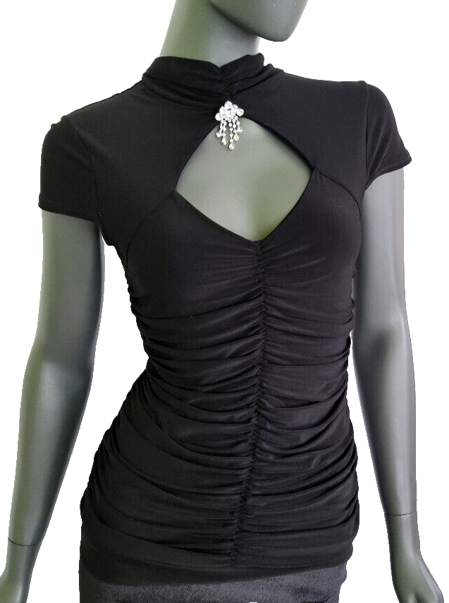 Melrose Longtop Raffung sexy Neckholder Strass-Brosche Gr.36