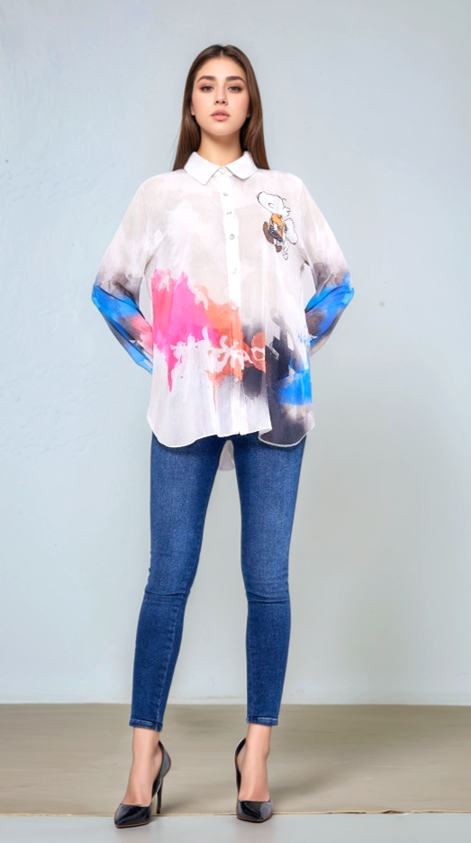 Missy Bluse Peanuts Print Nieten color batik halbtransparent Gr.S,M,L,XL