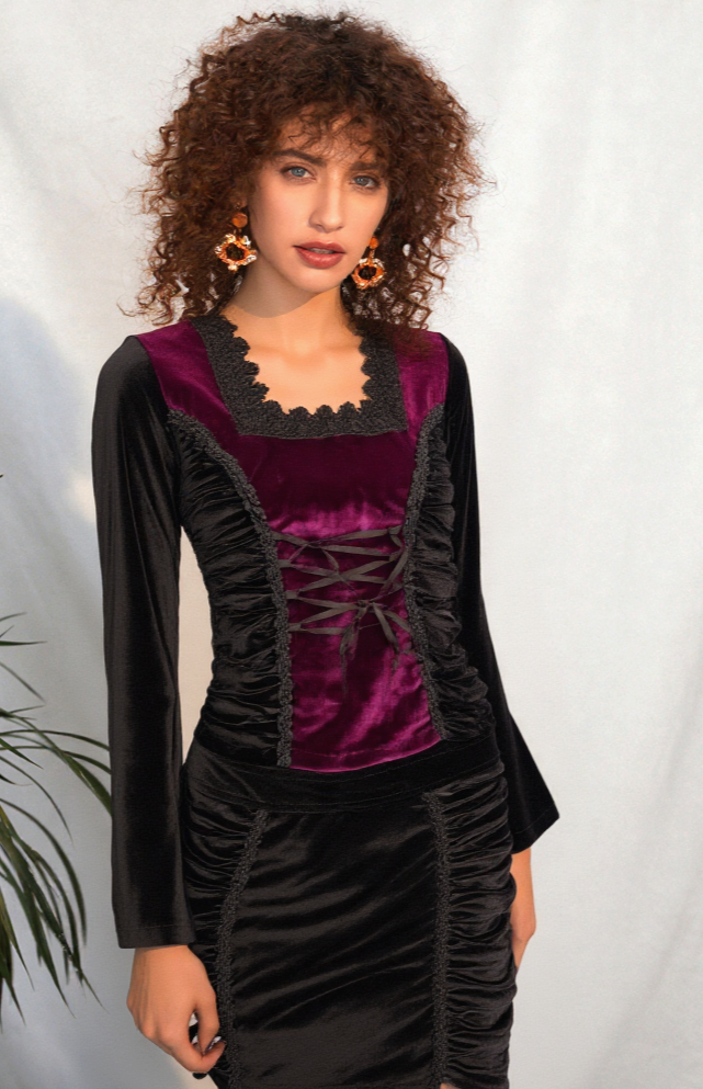 Bäres Samtshirt langarm Corsagenlook Raffung Gothic Viktorian Gr.34/36