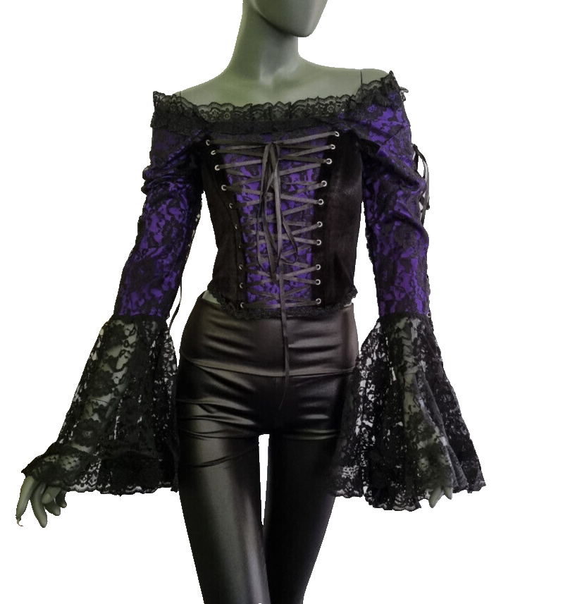 Samt Carmenbluse Mieder Spitze viktorian Barock Gothic Punk Corsagenbluse 34/36