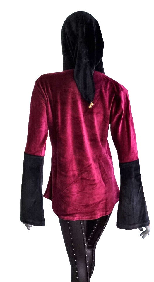 Gugel Nickisamt Sweater Gothic Witch Medieval Larp schwarz-bordeaux Gr.36-42