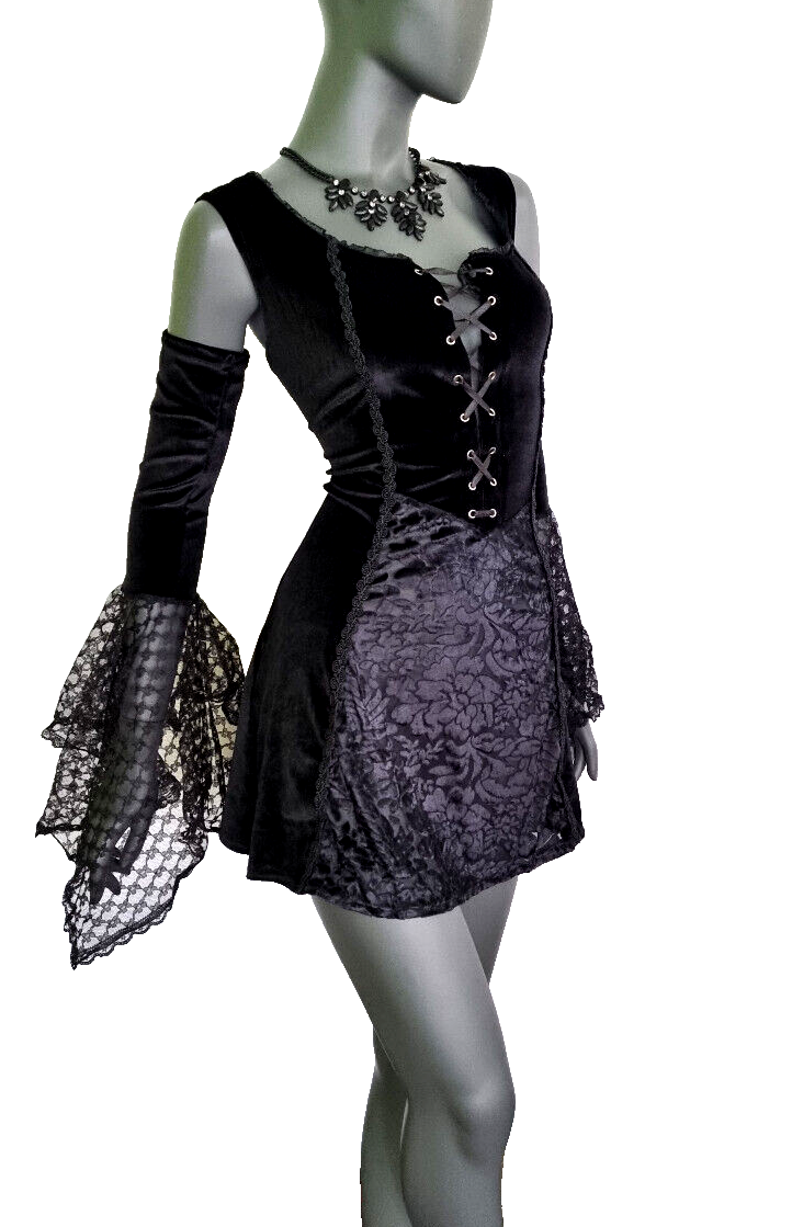 Bäres Samt Longshirt Kleid Gothic  Witch Medieval Punk schwarz Spitze  Gr.38-42